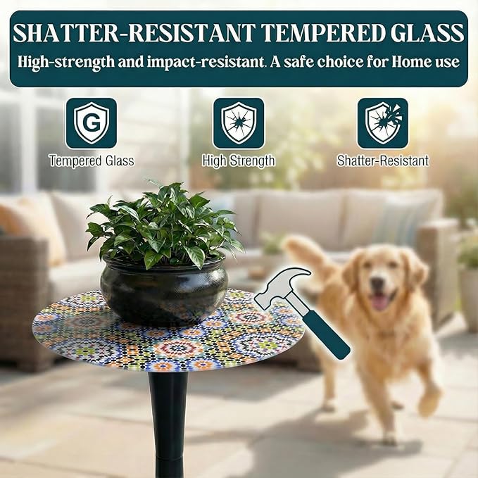 Simmer Stone 13.4" Outdoor Side Table, Round Patio Bistro Table Printed Tempered Glass Top, Waterproof Rust-Proof Base, Small Plant Stand for Balcony, Garden, Deck, 21.6" H (Morocco)