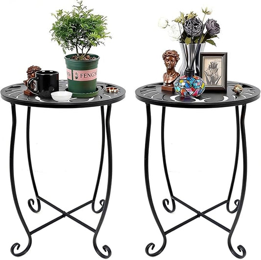 Outdoor Side Tables 2 Pack, 15" Height Tool-Free Metal Patio End Table with Monstera Pattern, Compact Space Saving Plant Stand for Balcony Porch Deck, Weather Resistant, Black