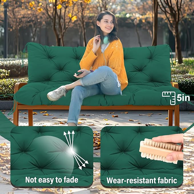 Premium 5" Thick Waterproof Outdoor Swing Cushions 3 Seater Sturdy Durable Porch Cushions 60 inch with Backrest&Ties Swing Cushions for Outdoor Furniture Backyard Patio(DarkGreen60x40x5inch)