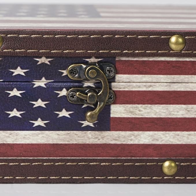 DreamsEden Wooden American Flag Storage Box,Memory Keepsake Box with Latch | 12.2’’L x 8.6’’W Large Decorative Chest, Vintage Patriotic Home Shelf Decor, Organizer for Keepsakes Memories Letters Photos
