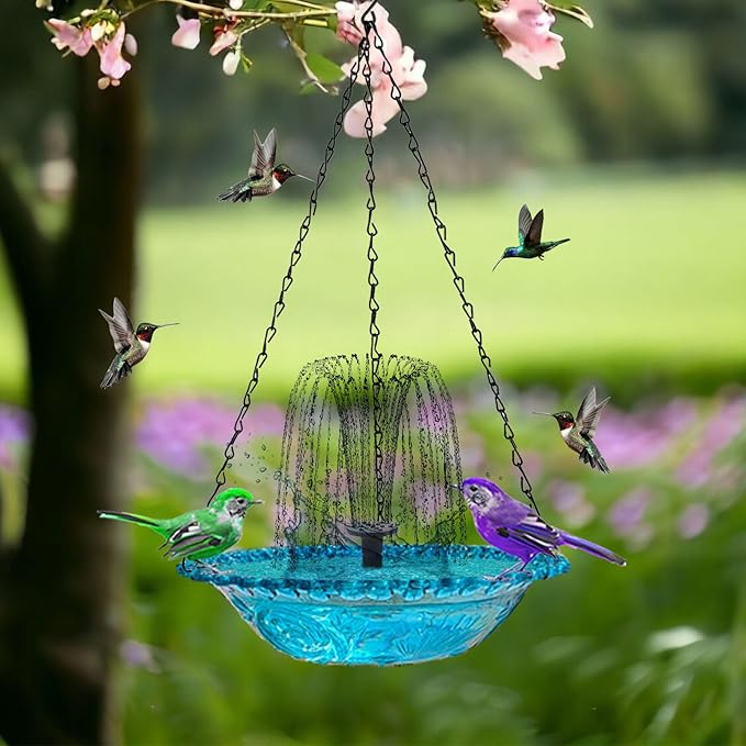 2026 New Solar Cascade Hanging Bird Bath Fountain, Metal Solar Powered Birdbath with Water Pump for Outdoor Garden Decor, Humming Birds Baths Fountains (Blue)