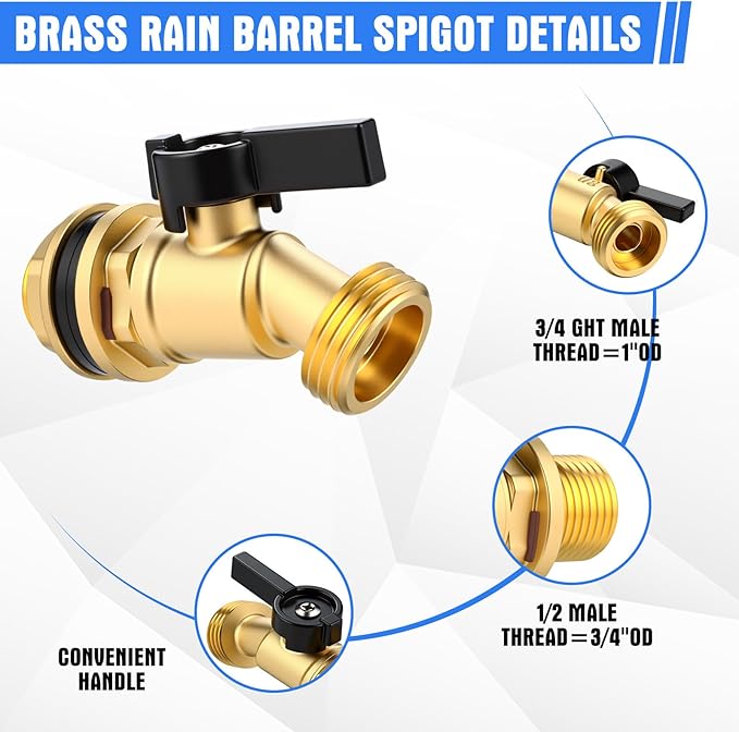 JaGely 3 Sets Brass Rain Barrel Spigot Kit 1/2" Inlet to 3/4" Quarter Turn Ball Valve with Bulkhead Fitting, Brass Bulkhead Faucet Kit with Thread Tape and 9.8ft Traction Rope for Water Tanks, Pools