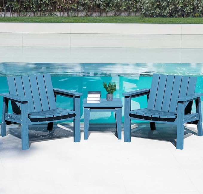 SERWALL Adirondack Chair Set, Includes Adirondack Chairs Set of 2 and 1 Piece Outdoor Side Table, HDPE Bistro Set- Blue