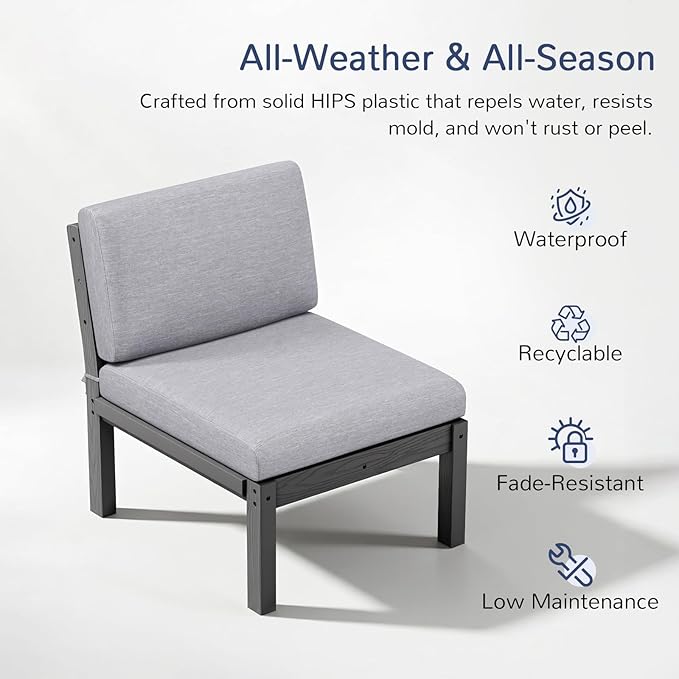 Stoog Modular 2-Seater Outdoor Bench, Convertible Loveseat with Removable Arm – Waterproof HIPS Frame & Olefin Cushions for Patio, Poolside, Backyard, Grey