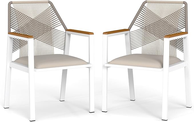 Aluminum Outdoor Patio Dining Chairs - Imitation Rope Vine Chair, Ergonomic Backrest Design Detachable Seat Cushion Soft and Breathable Garden Porch, White, Set of 2