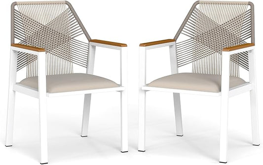 Aluminum Outdoor Patio Dining Chairs - Imitation Rope Vine Chair, Ergonomic Backrest Design Detachable Seat Cushion Soft and Breathable Garden Porch, White, Set of 2