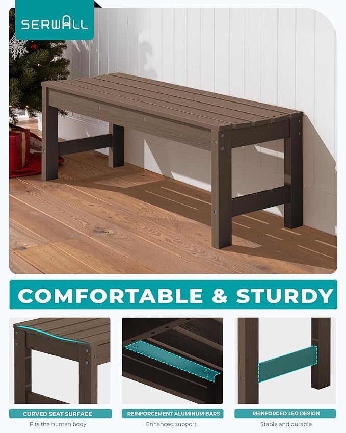 SERWALL 47 Inches Outdoor Bench, All Weather HDPE Backless Bench with Wood Grain Texture for Garden Porch and Park, Curved Bench Seat for Comfort, Coffee