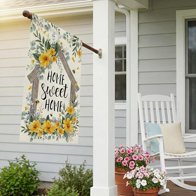 CROWNED BEAUTY Spring Home Sweet Home House Flag Eucalyptus Yellow Wildflowers Double Sided 28x40 Inches Large Burlap Welcome Holiday Seasonal Yard Decoration for Outside Porch
