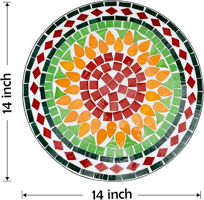 Vipush Mosaic Outdoor Side Table, 14" Round Folding Plant Stand for Patio Garden Backyard Balcony Porch Indoor Accent End Table for Living Room, Ceramic Tabletop with Black Iron, Sunflower