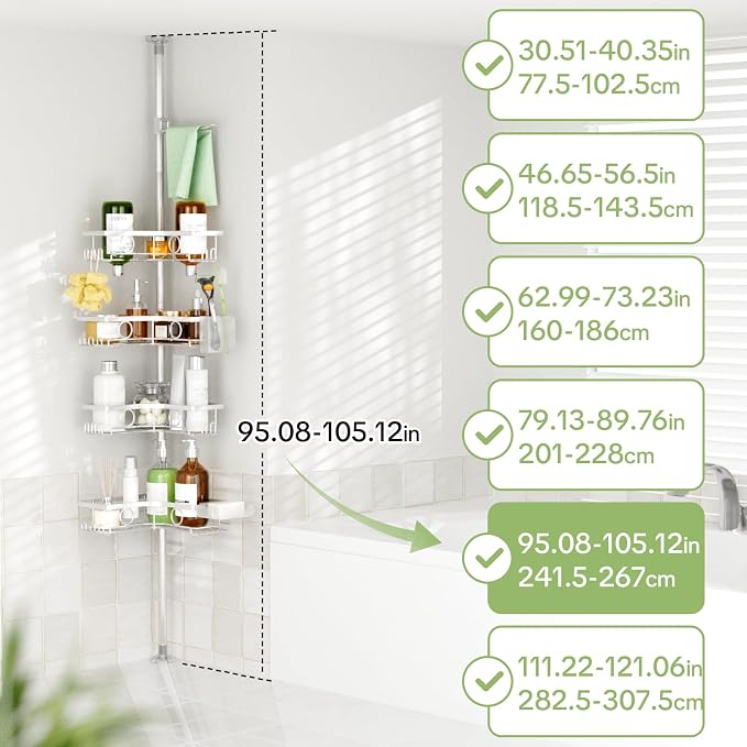 Corner Shower Caddy Tension Pole, 4 Tier Rustproof Shower Tension Rod Organizer with Soap Holder & Hooks, Adjustable 30-121 Inch Bathroom Shelf for Renters - Family Stand Storage Rack, Silver