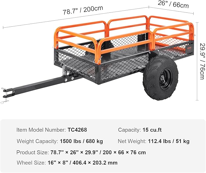 VEVOR ATV UTV Trailer Tow Behind Dump Cart, 1500lbs 15 Cubic Feet, Heavy Duty Yard Garden Trailer Pull Behind Dump Trailer for Lawn Mower Tractor