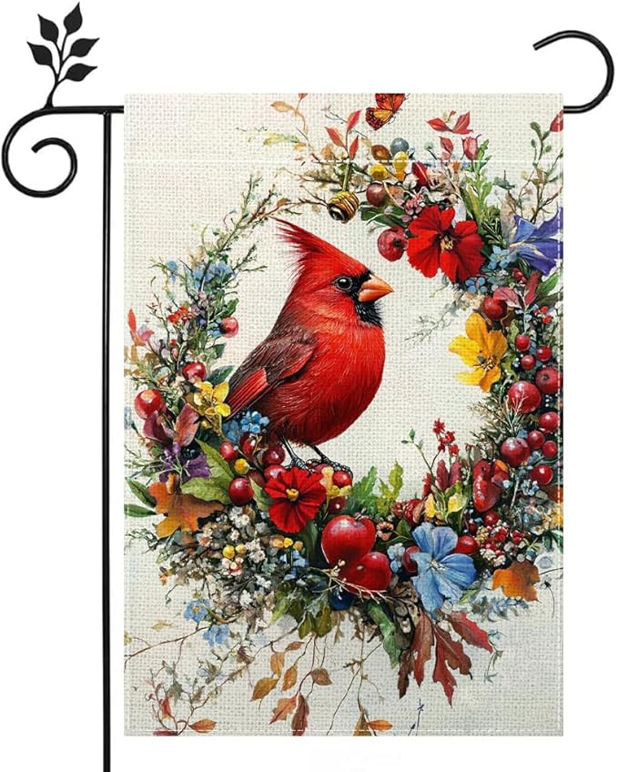 Spring Summer Cardinal Bird Garden Flag 12x18 Inch Double Sided, Floral Welcome Yard Decor, Farmhouse Outdoor Flag