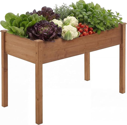 DUMOS Raised Garden Bed with Legs, 48x24x30 Inch Planter Box Outdoor with Liner for Herbs Flowers Vegetables, Elevated Wooden Garden Bed for Patio, Balcony and Backyard, Brown