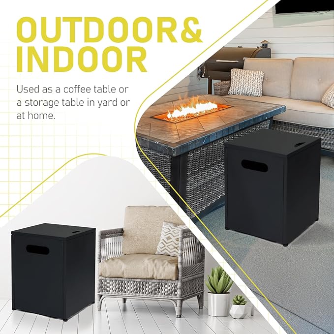 Outvita Outdoor Propane Tank Cover Table, 16in Propane Tank Storage Box with Carry Handle, Powder-Coated Steel, Multi - Use as Side Table for Patio, Garden & Living Room, 16 * 16 * 19.8inch, Black