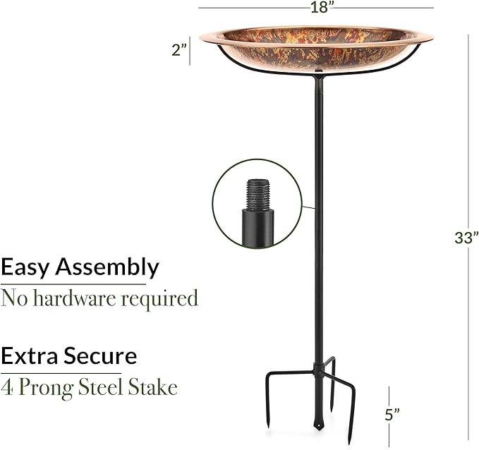 Good Directions Polished Fired Copper Bird Bath with Fountain on Garden Pole 18"