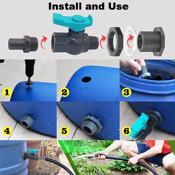 Rain Barrel Spigot PVC Faucet Kit with Bulkhead Fitting, Ball Valve, Garden Hose Barb Adapter, Pipe Clamps, Thread Seal Tape (for 12.5mm ID Hose)