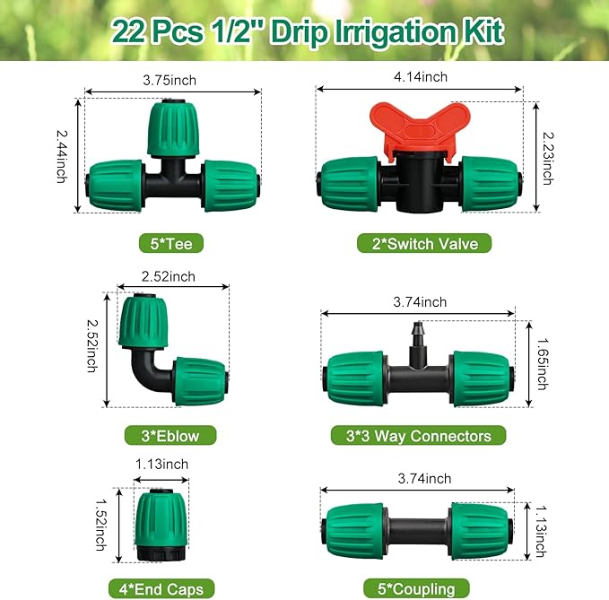 JAYEE 22 Pcs Drip Irrigation Fittings Kit for 1/2 In Tubing, Drip Line Parts for Sprinkler System - 5 Tees, 5 Couplings, 3 Elbows, 3 Barbed Lock T Connectors, 4 End Closure Plugs, 2 Switch Valves