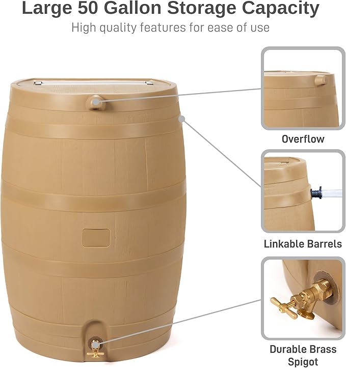 RTS Home Accents 50-Gallon Rain Barrel, Flat Back Rain Water Collection Barrel, Stand Included, Oak Color