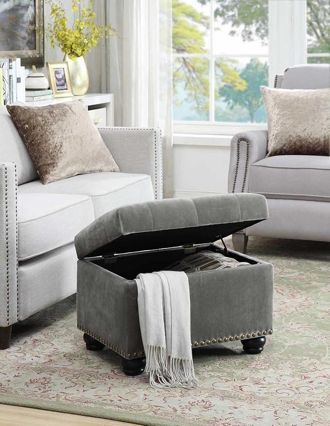 Convenience Concepts Designs4Comfort 5th Avenue Storage Ottoman 24" - Contemporary Foot Stool and Seat with Hinged Lid for Living Room, Dining Room, Office, Den, Gray Velvet