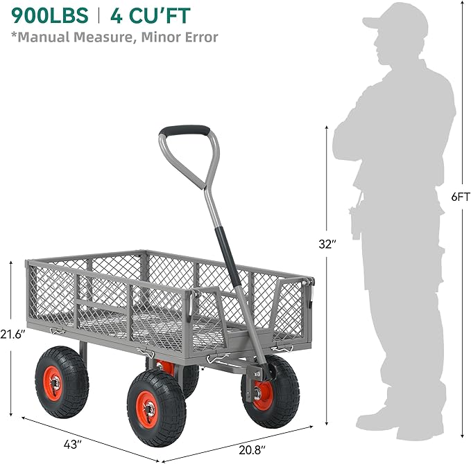 Autodaya Heavy Duty 900 lbs Capacity Garden Cart Wagon with 10" Pneumatic Tires & Removable Mesh Sides - 180° Rotating Handle, 4 Cu.Ft Utility Wagon for Yard, Garden, Hauling, All Terrain Outdoor Use