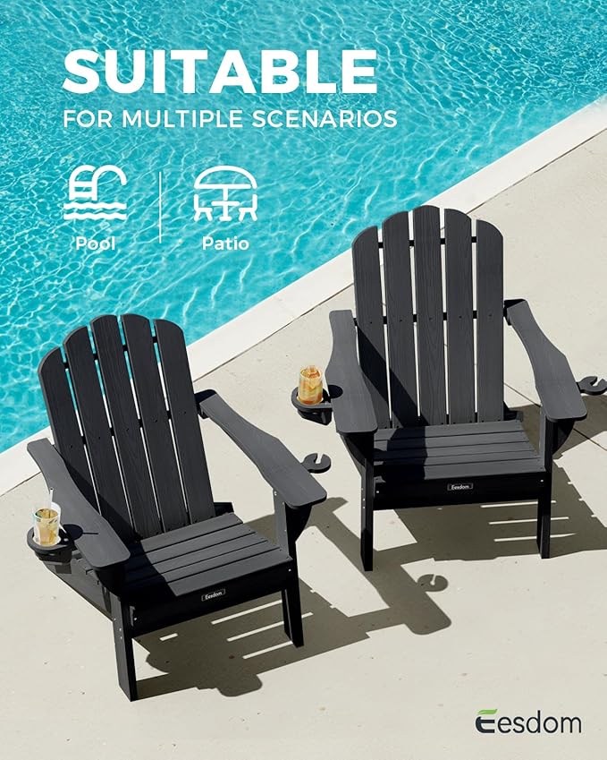 Folding Adirondack Chair, HDPE Adirondack Chair with 2 Cup Holders, Easy Assembly Outdoor Fire Pit Chairs for Patio, Garden, Poolside, Black