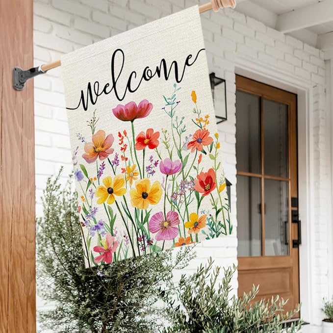 CROWNED BEAUTY Spring House Flag Wildflowers Floral Double Sided 28x40 Inches Large Burlap Welcome Holiday Seasonal Yard Decoration for Outside Porch CF1761-40