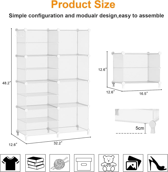 AWTATOS Closet Organizer 8 Cube Storage Shelves, Transparent Twill