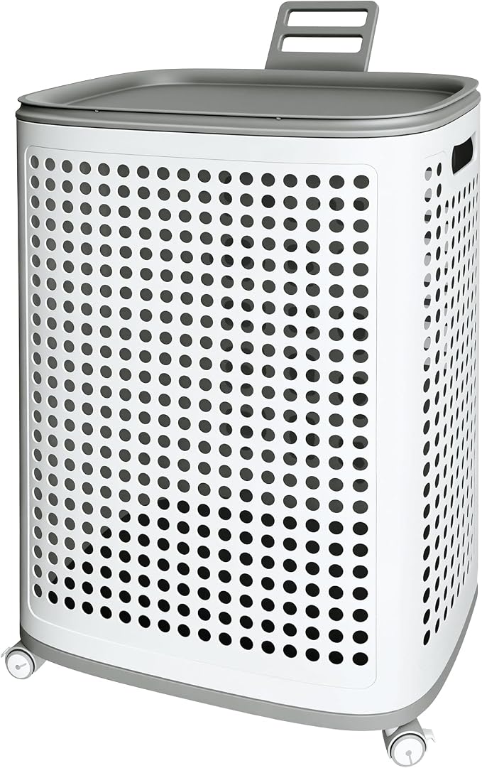 Rolling Plastic Laundry Basket with Lid, Ventilated, White (2-Pack, Large)
