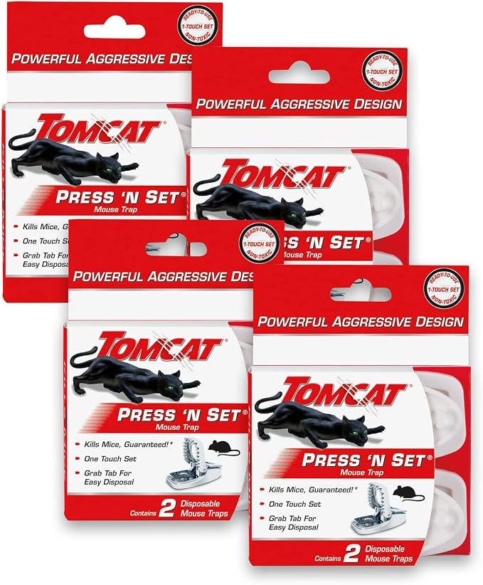 Tomcat Press 'N Set Mouse Trap, 4-Pack (8 Traps) | Plastic Spring-Loaded Mouse Killer with Grab Tab, 4 Packages Each with 2 Traps