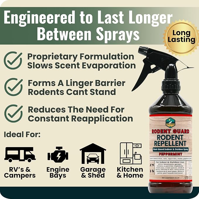 Peppermint Oil Spray for Rodents - Rodent Guard - Natural Peppermint Rodent & Pest Control Spray - Plant-Based Indoor & Outdoor Mouse Spray - Safe Around Pets & Kids - Repels All Mice and Rats 16oz
