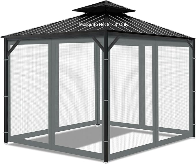 Gazebo Universal Replacement Mosquito Netting, 8' x 8' Outdoor Mesh Netting Screen 4-Panel Sidewall with Zipper for Patio Canopy Garden Porch Pergolas and Backyard, Gray(Mosquito Net Only)