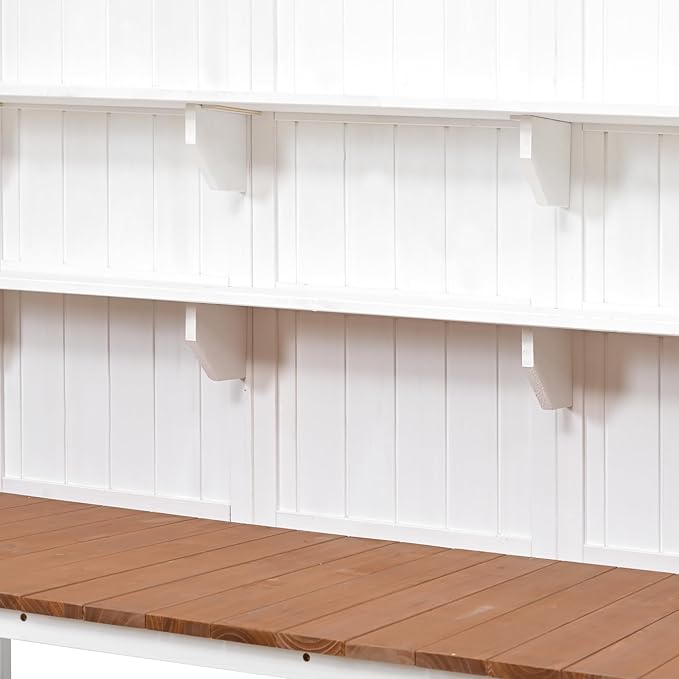 RUNNA Potting Bench with Hutch, 50.2" Solid Fir Wood Garden Workstation, Large Countertop, 2 Shelves, 2 Cabinets, 3 Side Hooks, Outdoor Planting Table for Gardening (White@080, 50.2-Inch)