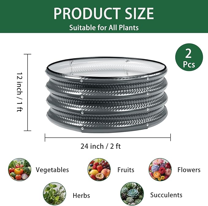 Gartist 2 Pcs 2x2X1 FT Round Galvanized Raised Garden Bed Kit, Silver Outdoor Planter Garden Bed, Metal Raised Box for Vegetables, Fruits, Flowers & Herbs