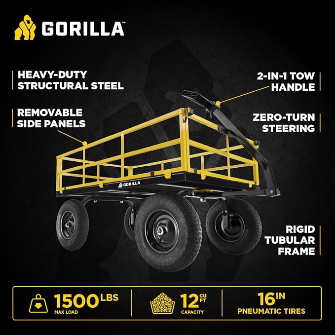 Gorilla Carts 1,400 lb Steel Utility Garden Cart, Heavy Duty 4-Wheel Yard Cart with Convertible 2-in-1 Handle & Removable Sides, 12 cu ft, Black/Yellow