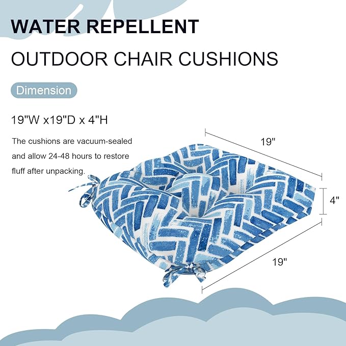 DYTXIII Set of 2 Outdoor Chair Cushions 19"x19"x4", Water Repellent Tufted Patio Seat Cushions with Ties, Thick Replacement Pads for Wicker Dining Chairs, Patio Furniture, Blue Bricks