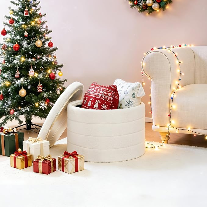 B FSOBEIIALEO Folding Storage Ottoman, Round Sherpa Ottomans, Cream White