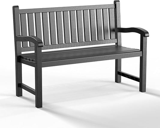 PatioZen Outdoor Bench, Waterproof & Weatherproof Garden Bench with Ergonomic Design, 2-Person Resin Bench for Porch, Deck, Patio, Outdoor, Garden & Park