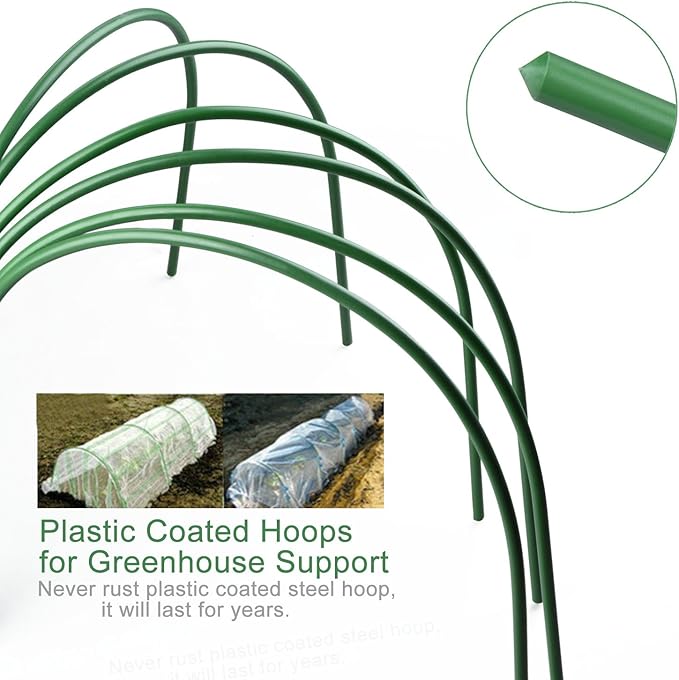 Greenhouse Hoops, 6 Pack Plant Support Garden Stakes, Rust-Free Grow Tunnel 4ft Long Steel with Plastic Coated Support Hoops for Garden Fabric, Garden Netting - 18.9"H x 18.9"W