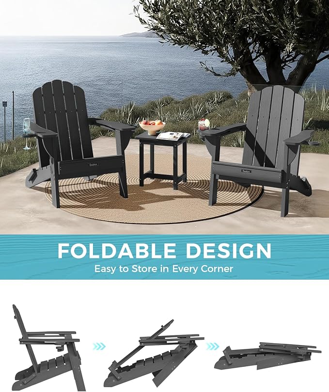Folding Adirondack Chair, HDPE Adirondack Chair with 2 Cup-Holders, Outdoor Fire Pit Chairs for Poolside, Garden, Patio, Grey