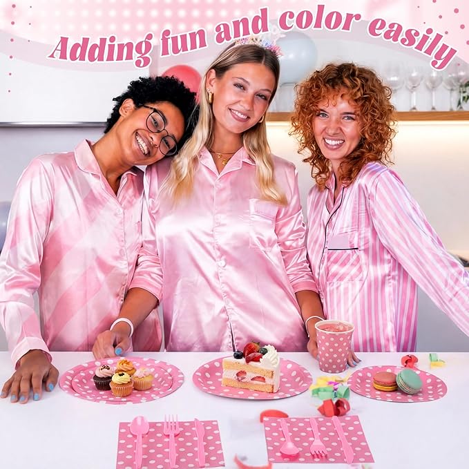 Funnymoom 400 Pcs Pink Polka Dot Party Supplies for 50 Guests White Polka Dot Paper Plates and Napkins Knives Spoon Fork Cup Set Cutlery for Birthday Wedding Bridal Shower Pink Girl