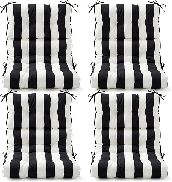 Hoteam 4 Pcs High Back Chair Cushions Set - 44'' x 21'' Indoor Outdoor Waterproof Soft Thicken Stripes Replaceable Cushion for Garden Summer Rocking Chair, Patio Furniture (Black Stripes)