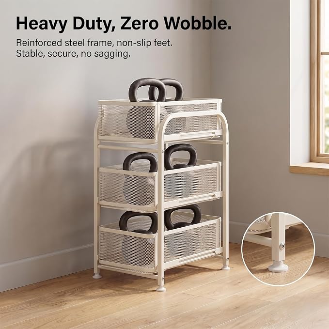 PureBox 3 Tier Under Sink Organizer, Pull Out Cabinet Storage Organizer with Sliding Mesh Drawers, Heavy Duty Metal Under Sink Storage for Kitchen, Bathroom, Cabinet, Small Space, White, 1 Pack