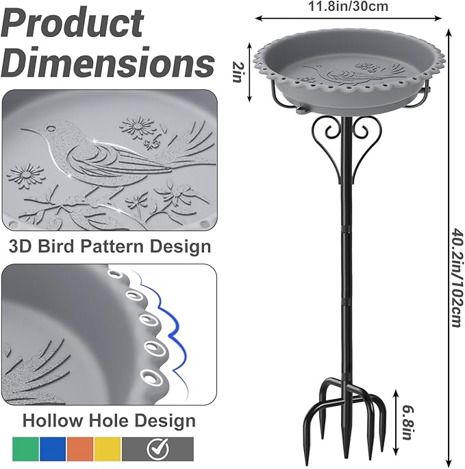 Birdbaths for Outdoors,40In Garden Birdbath with 12" Removable Plastic Bowl,Bird Baths Feeder with Sturdy 5 Prongs Base for Outdoor Garden Patio Yard Lawn Decor (Gray)