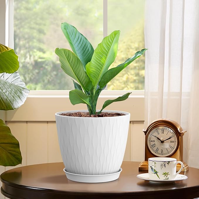 WSMKSZ 6 inch Flower Pots, 5 Pack Plant Pots with Drainage Holes and Saucers for Indoor Plants, Plastic Planters with Water Ripple for Small Garden House Plants, Nursery Pots for Succulent, White