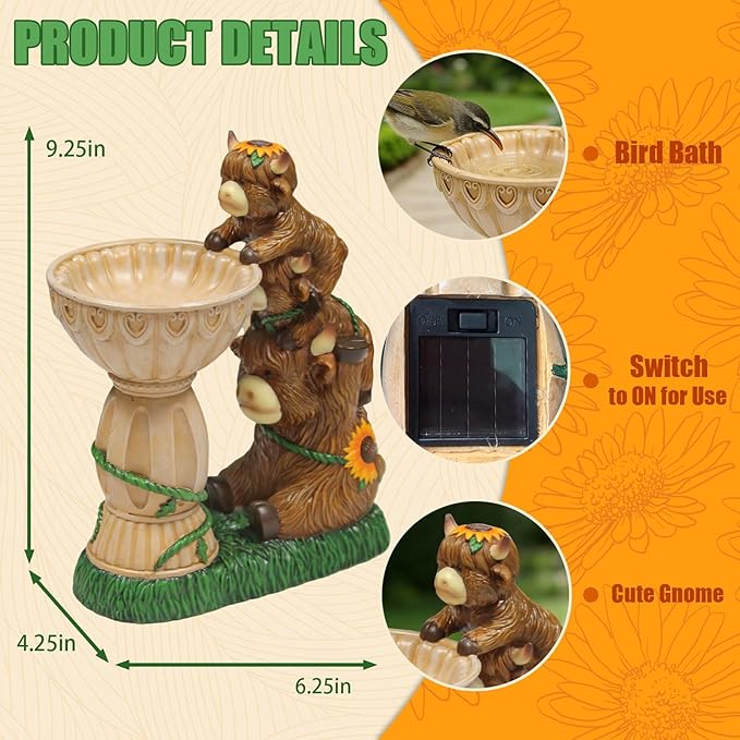 Sheaifun Solar Garden Statues Highland Cow Garden Decor Resin Highland Cow Statue with Bird Bath Feeder Light Animal Figurine Outdoor Yard Patio Lawn Decoration Gardening Gifts for Women 9.5 in