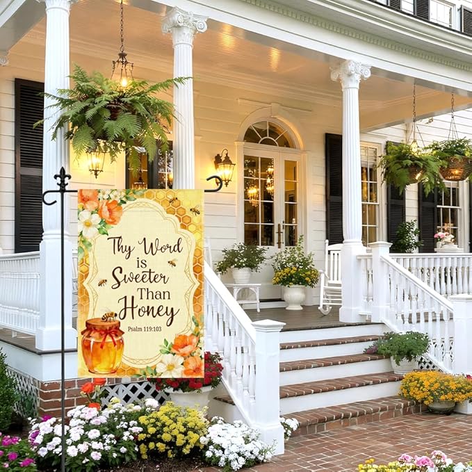 Thy Word is Sweeter Than Honey Psalm 119:103 Garden Flag, 12 x 18 Inch Double Sided Honey Bee Floral Outdoor Yard Decor, Religious Bible Verse Sign for Christian Friend Homeowner Beekeeper