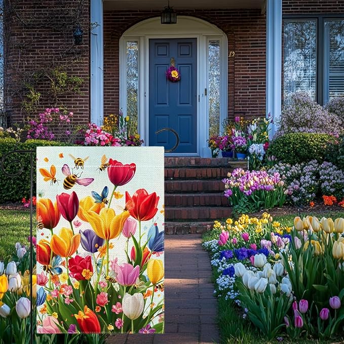 Spring Summer Tulip Garden Flag 12x18 Inch Double Sided, Colorful Welcome Yard Decor, Farmhouse Outdoor Flag for Lawn Patio Porch