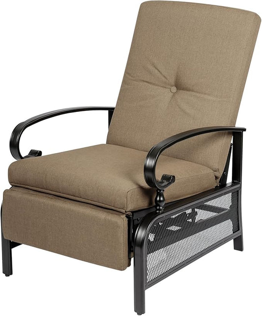 Oakcloud Adjustable Outdoor Lounge Chair Metal Patio Relaxing Recliner Chair with Removable Cushions(Brown)