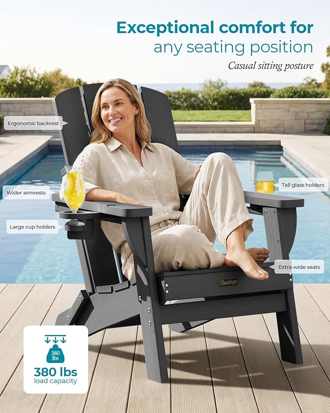 Folding Adirondack Chair 6 Pack, HDPE All-Weather Fire Pit Chairs, Plastic Adirondack Chairs with 2 Cup Holder, Outdoor Lawn Chair for Patio Garden (Grey)