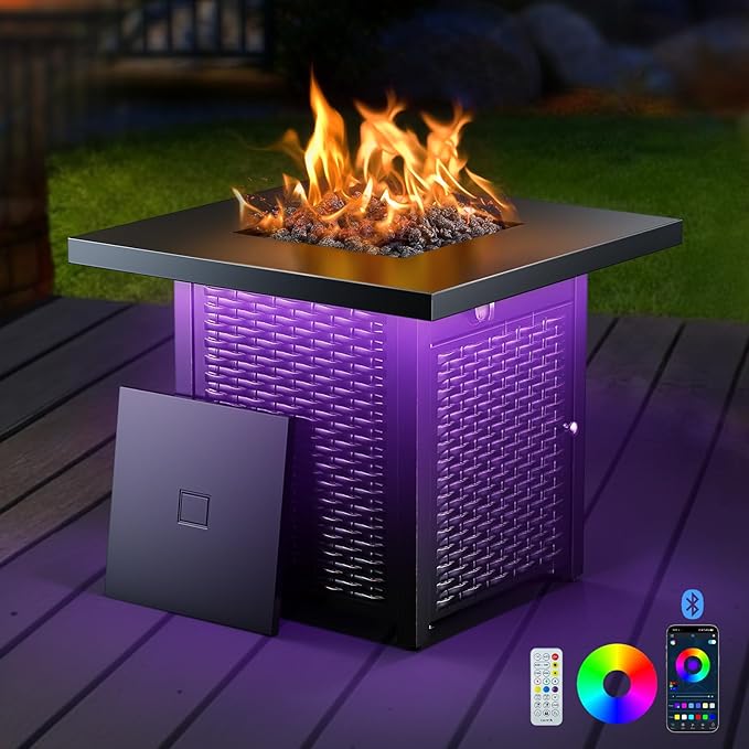 Ciays 28" Propane Fire Pit Table, 50,000 BTU CSA-Listed Gas Fire Pit with RGB Lighting, Adjustable Flame, Lava Rock, APP Control, Music-Sync Lighting, Outdoor Gas Fire Pit for Patio, Backyard & Garden